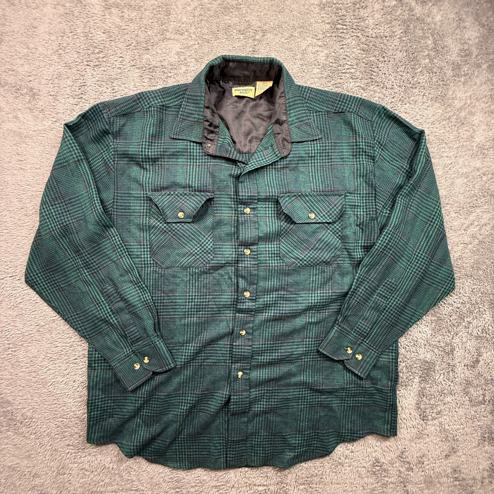 Vintage Green Plaid Flannel Button Up Shirt Northwest Blue Mens L Flap Pockets